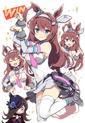  0_0 2girls :d ^_^ ahoge animal_ears arm_up bare_shoulders black_headwear blue_flower blue_rose blush breasts brown_hair chibi closed_eyes commentary_request confetti detached_sleeves flower golshi&#039;s_first_place_pose grey_footwear grey_hairband grey_skirt grey_sleeves hair_between_eyes hair_over_one_eye hairband hand_up hands_up hat hat_flower horse_ears horse_girl horse_pose horse_tail leotard leotard_under_clothes long_hair long_sleeves looking_at_viewer medium_breasts mihono_bourbon_(umamusume) multiple_girls multiple_views necktie odawara_hakone open_mouth paw_pose pink_necktie pleated_skirt rice_shower_(umamusume) rose simple_background skirt smile standing standing_on_one_leg tail thighhighs tilted_headwear umamusume very_long_hair white_background white_legwear white_leotard 