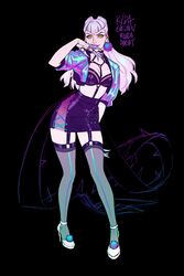  absurdres black_background claws earrings evelynn_(league_of_legends) female grey_hair high_heels highres jacket jewelry k/da_(league_of_legends) k/da_all_out_evelynn league_of_legends lips long_hair looking_at_viewer manda_schank neon_palette open_clothes open_jacket purple_lips simple_background skirt solo thighhighs yellow_eyes 