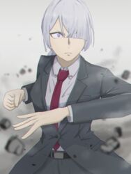  1ch absurdres ak-15_(erwin)_(girls&#039;_frontline) ak-15_(girls&#039;_frontline) belt black_jacket black_pants blazer female girls&#039;_frontline grey_hair hair_between_eyes hair_over_one_eye highres jacket long_hair looking_at_viewer necktie official_alternate_costume pants purple_eyes red_necktie shirt simple_background solo white_shirt 