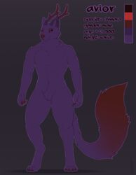  2021 anthro artist_name canid canine chimera claws colored english_text fluffy fluffy_tail fur gradient_horn gradient_tail hi_res horn looking_aside male mammal model_sheet muscular pawpads purple_body purple_fur purple_horn red_eyes red_horn red_nose red_pawpads red_tail simple_background smile solo standing tail text wolfarion 