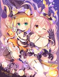  2girls :o ;d ameto_yuki animal_ears bare_shoulders basket black_gloves black_headwear blonde_hair boots bow braid breasts broom broom_riding brown_legwear candy cat_ears cat_girl cat_tail chocomint_(ameto_yuki) choker cleavage commentary_request criss-cross_halter crop_top ears_through_headwear elbow_gloves food gloves green_eyes hair_ornament hairbow halloween halterneck hat highres holding jack-o&#039;-lantern large_breasts lens_flare long_hair looking_at_viewer macaron macaron_(ameto_yuki) medium_breasts midriff mini_hat miniskirt multiple_girls navel off-shoulder_shirt off_shoulder one_eye_closed open_mouth orange_eyes orange_footwear orange_skirt original pink_hair pumpkin purple_shirt purple_skirt shirt single_braid skirt smile sparkle star_(symbol) tail thighhighs twintails white_gloves white_legwear witch_hat zettai_ryouiki 