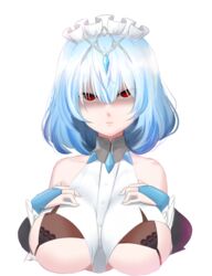  blue_hair breasts bridal_gauntlets expressionless female hair_between_eyes highres korean_commentary large_breasts last_origin light_blue_hair maid_headdress red_eyes shaded_face solo titania_frost transparent_background xb_(capgom) 