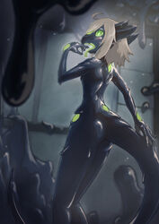  absurd_res after_transformation anthro breasts dragon female glowing glowing_eyes goo_creature goo_transformation green_eyes hair hi_res mythological_creature mythological_scalie mythology raised_arm scalie shizumi_tsubasa small_breasts solo standing symbiote tail tongue tongue_out transformation 