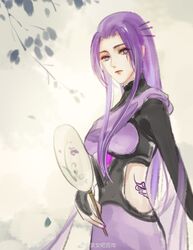  absurdres black_undershirt branch expressionless female grey_background hand_fan highres long_hair looking_back needle painting_(medium) purple_eyes purple_hair qinshi_mingyue solo tattoo traditional_media upper_body zi_nu_(qinshi_mingyue) zi_nu_zhuye_jun 