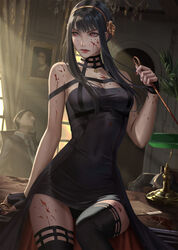  2boys bare_shoulders black_hair black_thighhighs blood blood_on_arm blood_on_clothes blood_on_face blood_on_hands blood_on_leg breasts cleavage corpse dagger death dress english_commentary female flower gold_hairband golden_rose hair_ornament hairband highres holding holding_weapon knife light_particles light_rays medium_breasts multiple_boys nibelart red_eyes rose short_hair_with_long_locks signature spy_x_family stiletto_(weapon) sunbeam sunlight thighhighs weapon yor_briar 