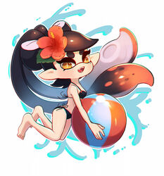  +_+ artist_name ball barefoot beachball bikini black_bikini black_hair callie_(splatoon) commentary coula_cat fangs female floating flower hair_flower hair_ornament highres holding holding_ball inkling looking_at_viewer mole mole_under_eye multicolored_hair open_mouth orange_flower orange_hair outline pointy_ears side-tie_bikini_bottom signature smile solo splatoon_(series) string_bikini swimsuit tentacle_hair two-tone_hair white_background white_outline 