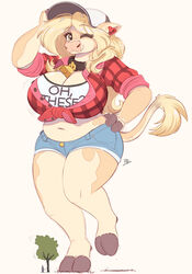  2022 anthro baseball_cap big_breasts blonde_hair bottomwear bovid bovine breasts cattle cleavage clothed clothing collar cowbell cutoffs denim denim_bottomwear denim_clothing extreme_size_difference female flannel_shirt hair hand_on_hip hat headgear headwear hi_res hooves horn huge_breasts larger_female macro mammal midriff ncmares one_eye_closed plant shirt shorts simple_background size_difference slightly_chubby solo sophie_(ncmares) text text_on_clothing text_on_shirt text_on_topwear topwear tree white_background wink 