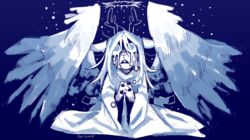  anthro blue_and_white blue_theme bodily_fluids clasped_hands clothing crown_of_thorns crying deer deltarune empty_eyes feathered_wings feathers female hair halo hi_res humanoid mammal messy_hair monochrome new_world_deer noelle_holiday pcktknife praying pupils reindeer robe snow snowgrave solo tears thorns undertale_(series) white_pupils wings 