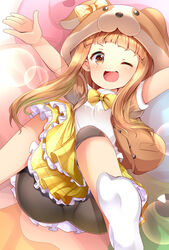  ;d animal_hood arms_up aru_(arudes) ass bike_shorts blunt_bangs blush bow bowtie brown_eyes brown_hair brown_jacket dot_nose feet female frilled_skirt frills highres hood ichihara_nina idolmaster idolmaster_cinderella_girls idolmaster_cinderella_girls_starlight_stage jacket knees_up lens_flare long_hair looking_at_viewer lying no_shoes on_back one_eye_closed open_clothes open_hand open_jacket open_mouth pleated_skirt shirt short_sleeves skirt smile socks soles solo very_long_hair white_shirt white_socks yellow_bow yellow_bowtie yellow_skirt 