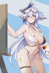  absurdres azur_lane black_choker blue_hair breasts canvas_(object) choker collarbone eyewear_on_head female fox_girl fox_hair_ornament fox_mask highres kongbai_huanxiang large_breasts long_hair mask navel official_alternate_costume orange_eyes paint_on_body painting_(action) palette_(object) sideboob solo stomach swimsuit tosa_(azur_lane) tosa_(hometown_zest)_(azur_lane) 