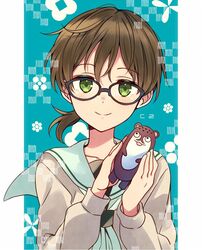  beige_cardigan blush bokukawauso brown_hair c2-chan c2_kikan cardigan collarbone female glasses green_eyes holding holding_stuffed_toy kantai_collection long_hair long_sleeves otter ponytail sailor_collar smile solo stuffed_animal stuffed_toy upper_body yukichi_(eikichi) 