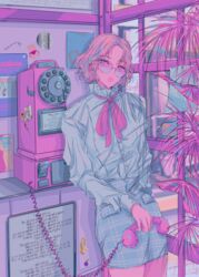  antique_phone blonde_hair cowboy_shot female glasses grey_skirt highres leaf looking_at_viewer najuco_(naju0517) neck_ribbon original phone pink_ribbon plaid plaid_skirt plant ribbon rotary_phone shirt shirt_tucked_in short_hair skirt solo white_shirt window yume_kawaii 