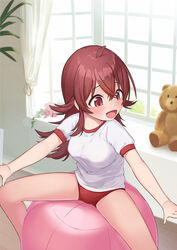  ahoge ball blush breasts buruma exercise_ball female gym_shirt highres idolmaster idolmaster_shiny_colors indoors komiya_kaho kumanomi long_hair looking_down medium_breasts oppai_loli outstretched_arms red_buruma red_eyes red_hair shirt sitting sitting_on_ball solo spread_legs stuffed_animal stuffed_toy teddy_bear window 