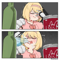  blonde_hair bow can closed_eyes djeeta_(granblue_fantasy) drinking facepalm female gauntlets glass_bottle granblue_fantasy hairband highres sad sashacall sitting table tears trembling vyrn_(granblue_fantasy) water 