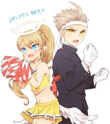  1boy alvin_granford angel angel_wings bad_id bad_pixiv_id blonde_hair blue_eyes blush cheerleader commentary_request crop_top crop_top_overhang feathered_wings female gakuran gloves halo headband light_brown_hair liliana_hart low_wings md5_mismatch midriff open_mouth panunpa pleated_skirt pointy_ears pom_pom_(cheerleading) pop-up_story school_uniform shirt skirt sleeveless sleeveless_shirt smile spiked_hair white_gloves wings yellow_eyes 