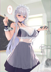  ? alternate_costume apron azur_lane belfast_(azur_lane) bikini black_bikini black_choker black_skirt blush braid breasts broken broken_chain chains chalkboard choker female french_braid frilled_bikini frills full-face_blush highres holding holding_ladle huge_breasts indoors jar kitchen ladle light_purple_hair long_hair maid_headdress medium_skirt nearly_naked_apron purple_eyes scrunchie see-through see-through_apron skirt solo spatula speech_bubble standing swimsuit takibi_(tamikyo) wrist_scrunchie 