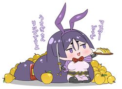  animal_ears apple breasts chibi commentary_request fake_animal_ears fate/grand_order fate_(series) female food fruit hairband highres large_breasts long_hair low-tied_long_hair minamoto_no_raikou_(fate) open_mouth parted_bangs pelvic_curtain plate purple_eyes purple_hair rabbit_ears rei_(rei_rr) seiza sitting smile solo sword translation_request very_long_hair weapon 