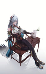  absurdres black_bodysuit black_gloves blue_nails bodysuit braid chromatic_aberration clothing_cutout commentary covered_navel crossed_legs cup female full_body genshin_impact gloves gradient_eyes grey_eyes hair_ornament hair_over_one_eye highres holding holding_cup igawa_hikaru long_bangs long_hair looking_at_viewer low-braided_long_hair low-tied_long_hair multicolored_eyes nail_polish navel parted_lips partially_fingerless_gloves shenhe_(genshin_impact) shoulder_cutout sidelocks simple_background sitting solo thigh_cutout toenail_polish toenails very_long_hair white_background 