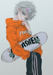  1boy aqua_eyes black_pants cowboy_shot grey_background grey_hair hand_in_pocket hand_up highres hood hood_down hoodie hunter_x_hunter killua_zoldyck lipstick_mark male_focus messy_hair najuco_(naju0517) orange_hoodie pants short_hair simple_background skateboard solo thrasher_magazine tongue tongue_out watch wristwatch 