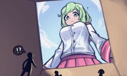  absurdres box breasts cloud commentary_request copyright_request day from_below giant giantess green_eyes green_hair highres jacket red_skirt skirt sky speech_bubble white_jacket zenougts 