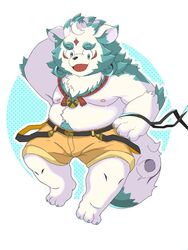  2021 3:4 agyo_(tas) anthro asian_mythology belly black_nose bottomwear clothing east_asian_mythology foo_dog fur japanese_mythology kemono komainu lifewonders male mammal moobs mythology nipples overweight overweight_male paws penguin0700 shorts solo tokyo_afterschool_summoners white_body white_fur yokai young 