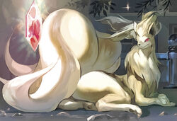  3_toes ambiguous_gender ass canid crossed_arms crystal detailed_background digitigrade feet feral flowing_hair fluffy fur gem generation_1_pokemon hair leaf looking_back lying mammal multi_tail neck_tuft night ninetales nintendo official_art on_front outside pokemon pokemon_(species) red_eyes rock soles solo sparkles tail toes tokiya_sakuba tuft yellow_body yellow_fur 