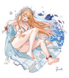  ;d armpits ass bare_shoulders barefoot bikini blue_eyes breasts caustics cleavage collarbone commentary feet female fish full_body halterneck highres large_breasts long_hair looking_at_viewer off_shoulder one_eye_closed open_clothes open_mouth orange_hair pecorine_(princess_connect!) princess_connect! rero_(bigdoorbig2) smile solo swimsuit thighs tiara water white_bikini wide_sleeves 