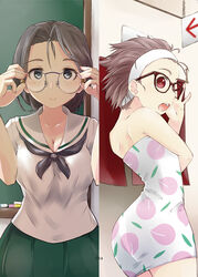  2girls adjusting_eyewear bespectacled black-framed_eyewear black_neckerchief blouse breasts brown_eyes brown_hair chalkboard classroom closed_mouth commentary_request covering_breasts covering_privates freckles frown girls_und_panzer glasses green_skirt grey_eyes grey_hair hair_pulled_back hairband highres indoors kaya_(nari1-24) locker locker_room long_hair long_sleeves looking_at_viewer momogaa_(girls_und_panzer) multiple_girls naked_towel neckerchief no_eyepatch ooarai_school_uniform open_mouth peach_print photoshop_(medium) piyotan_(girls_und_panzer) pleated_skirt ponytail print_towel round_eyewear school_uniform serafuku shirt short_hair short_sleeves skirt smile standing towel white_hairband white_shirt 