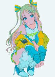  aqua_eyes bandaid blue_footwear female full_body hair_ornament hair_ribbon hairclip high_heels highres jacket long_hair looking_at_viewer multicolored_hair najuco_(naju0517) original ribbon simple_background socks solo squatting white_background white_socks yellow_jacket 