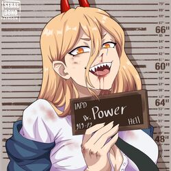  :d absurdres artist_name barbie_(franchise) barbie_(live_action) barbie_mugshot_(meme) black_necktie blonde_hair blood blood_on_face chainsaw_man character_name cross-shaped_pupils demon_horns female hair_between_eyes hand_up highres holding holding_sign horns long_hair looking_at_viewer meme mugshot name_tag necktie nosebleed off_shoulder open_mouth patreon_username power_(chainsaw_man) red_horns saliva sebasdono sharp_teeth shirt sign smile solo symbol-shaped_pupils teeth unbuttoned unbuttoned_shirt white_shirt 