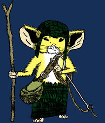  anthro bag belt blue_background clothing epipan fur hat headgear headwear hook looking_at_viewer male mammal mouse mouse_guard murid murine rodent rope simple_background solo standing wooden_staff yellow_body yellow_fur 