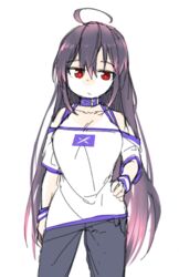  ahoge alternate_costume choker closed_mouth clothing_cutout female half-closed_eyes hand_on_own_hip kageuchi_kuji_kanesada_(tenka_hyakken) long_hair looking_at_viewer mksk_69 pants print_shirt purple_hair purple_trim red_eyes shirt shoulder_cutout solo straight-on tenka_hyakken white_background white_shirt wristband 