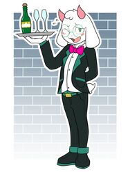  3:4 alcohol anthro belt beverage black_tie_(suit) blush blush_stickers bovid bow_(feature) bow_in_front bow_tie bran-draws-things caprine clothing container cup darkner deltarune eyewear fur glasses goat green_eyes hand_behind_back hi_res holding_object horn looking_at_viewer male mammal one_eye_closed open_mouth ralsei simple_background smile solo standing suit tray undertale undertale_(series) white_body white_fur wink 