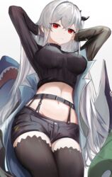  :t absurdres arknights belt black_belt black_shorts black_sweater black_thighhighs breasts commentary_request cowboy_shot crop_top female grey_hair highres large_breasts long_hair long_sleeves looking_at_viewer midriff mizuhashi_parusui red_eyes short_shorts shorts skadi_(arknights) skadi_(the_next_afternoon_tea)_(arknights) solo standing sweater thighhighs thighs very_long_hair 