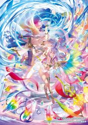  1boy barefoot battle black_pants blue_eyes blue_wings bracelet commentary_request copyright_notice crown enki_(z/x) enlil_(z/x) feathered_wings female gold_bracelet green_wings grey_hair hair_between_eyes hair_ornament heterochromia holding holding_polearm holding_weapon jewelry long_hair multicolored_hair multicolored_wings navel official_art pants pink_hair pink_wings polearm rainbow_gemstone red_eyes revealing_clothes short_hair weapon wings yuasa_akira z/x 