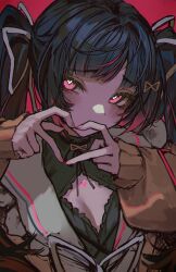  4-finger_heart_hands absurdres blunt_bangs blush breasts character_request cleavage cleavage_cutout clothing_cutout copyright_request female heart heart-shaped_pupils heart_hands highres large_breasts long_hair long_sleeves looking_at_viewer nail_polish naokomama pink_eyes pink_nails red_background solo symbol-shaped_pupils twintails 