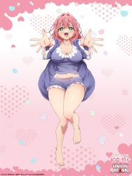  :d absurdres female green_eyes hanazono_hakari highres kimi_no_koto_ga_dai_dai_dai_dai_daisuki_na_100-nin_no_kanojo medium_hair official_art open_hands open_mouth outstretched_arms pajamas pink_background pink_hair reaching reaching_towards_viewer sleepwear smile solo spread_arms teeth upper_teeth_only yano_akane 