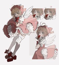  absurdres bow brown_hair cardcaptor_sakura dress embarrassed feathered_wings female flying_sweatdrops green_eyes hat heart highres holding holding_wand kinomoto_sakura lolicon medium_hair note_nii open_mouth pink_dress pink_hat red_bow shoes short_sleeves smile spoken_heart thighhighs wand white_background white_thighhighs white_wings wings 