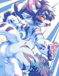  0suzu_illust 1other ass black_hair black_stripes black_tail blue_fur borrowed_character colored_inner_hair commission commissioner_name digitigrade dorsiflexion_(wrist) feathered_hair feet_out_of_frame fewer_digits film_grain from_behind furry hand_up highres knee_up looking_at_viewer looking_back medium_hair multicolored_fur multicolored_hair nude oerba_yun_fang open_hands open_mouth original other_focus outstretched_arms sideways_glance skeb_commission slit_pupils solo speed_lines standing standing_on_one_leg streaked_hair striped_fur thank_you two-tone_tail white_fur white_hair white_tail 