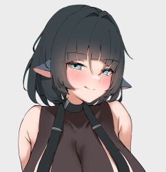  blunt_bangs blush breasts cleavage closed_mouth covered_collarbone female green_eyes green_hair grey_background jane_doe_(zenless_zone_zero) looking_at_viewer sidelocks simple_background smile solo upper_body variant_set xlyami zenless_zone_zero 