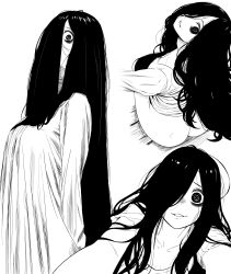  absurdres ass clothes_lift crazy_eyes dress dress_lift female grin hair_over_one_eye highres long_hair looking_at_viewer looking_up lughost no_panties smile teeth the_ring very_long_hair yamamura_sadako 