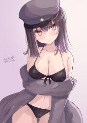  absurdres akitsu_maru_(kancolle) bikini black_bikini black_hair blush breasts female gradient_background hat highres hizaka kantai_collection large_breasts military_uniform open_clothes peaked_cap purple_background short_hair swimsuit uniform 