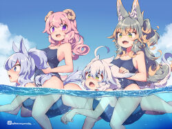  4girls :d aged_down animal_ear_fluff animal_ears blue_hair blue_one-piece_swimsuit blue_sky blush breasts cloud commentary_request day green_eyes kuromiya kuromiya_raika_(kuromiya) kuzakura_mika_(kuromiya) long_hair medium_breasts multicolored_hair multiple_girls ocean oerba_yun_fang one-piece_swimsuit open_mouth original outdoors pink_hair ponytail riding shiromiya_asuka_(kuromiya) sky smile souma_ren_(kuromiya) swimming swimsuit twitter_username two-tone_hair wet white_hair 