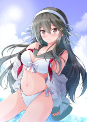  bikini black_hair blue_sky bow bow_bikini breasts brown_eyes cleavage cloud commentary_request commission female grey_jacket grey_sailor_collar hairband haruna_(kancolle) highres jacket kantai_collection large_breasts long_hair navel sailor_bikini sailor_collar shizuna_kaede side-tie_bikini_bottom skeb_commission sky solo sun swimsuit white_bikini white_hairband 