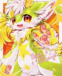  0suzu_illust 1other :3 arm_at_side blonde_hair border borrowed_character close-up colorful commission commissioner_name completely_nude cowboy_shot digitigrade drop_shadow film_grain furry gradient_eyes green_fur green_nails halftone halftone_background hand_up happy highres horns light_blush long_tail multicolored_eyes multicolored_fur multicolored_hair navel no_genitals nude oerba_yun_fang open_hands open_mouth orange_background orange_eyes original other_focus outline outside_border saturated short_eyebrows short_hair sideways_glance signature skeb_commission solo sparkle streaked_hair tail tail_raised thank_you three_quarter_view very_short_hair white_border white_fur white_hair white_outline yellow_fur yellow_horns yellow_tail 