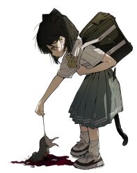  animal_ear_fluff animal_ears ankle_socks bag black_hair black_tail blood bow carrying_over_shoulder cat_ears cat_tail collared_shirt dead_animal expressionless female grabbing_another&#039;s_tail grey_skirt highres leaning_forward looking_down medium_hair mormormorp mouse_(animal) original outstretched_arm pleated_skirt school_bag school_uniform shirt shoes simple_background skirt sneakers socks standing tail white_background white_footwear white_shirt white_socks yellow_bow yellow_eyes 