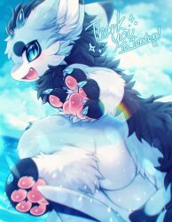  0suzu_illust 1other :d ass black_hair black_tail blue_fur blue_horns blue_nails blue_sky blue_tail blurry borrowed_character chimera chromatic_aberration cloud cloudy_sky commission commissioner_name completely_nude day depth_of_field digitigrade fewer_digits film_grain fingernails fins fish_tail foot_out_of_frame from_behind furry hand_up happy highres horns knees_up lens_flare light_blush long_hair looking_back mohawk multiple_horns neck_fur nostrils nude oerba_yun_fang open_hand open_mouth original other_focus outdoors profile shark_tail sharp_fingernails sideways_glance skeb_commission sky small_horns smile solo standing standing_on_one_leg tail thank_you tongue turning_head two-tone_tail very_long_hair water white_fur 