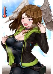  absurdres black_bodysuit black_choker black_jacket blue_eyes blue_pupils blue_sky blush bodysuit breast_tattoo breasts brown_hair choker cleavage eunie_(xenoblade) female glowing_lines green_hoodie head_wings highres hood hoodie hot jacket large_breasts leather leather_jacket medium_hair one_eye_closed open_mouth sky solo steam steaming_body sweat sweatdrop tattoo teeth temperature upper_body upper_teeth_only v-shaped_eyebrows white_wings wings xenoblade_chronicles_(series) xenoblade_chronicles_3 yotsuha_uni 