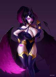  armor artist_name bare_shoulders black_dress black_thighhighs breasts cleavage colored_sclera dress earrings feet_out_of_frame female glowing glowing_eyes gradient_background hand_up heart heart_tattoo highres horns jewelry large_breasts league_of_legends mephiscrypie morgana_(league_of_legends) pink_eyes pink_sclera pink_wings pointy_ears short_hiar solo standing tattoo thighhighs wings 