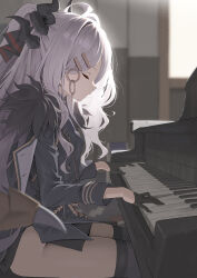  absurdres black_gloves black_horns black_jacket black_ribbon black_thighhighs blue_archive blurry blurry_background closed_eyes female gloves hair_ribbon highres hina_(blue_archive) horns indoors instrument jacket karadborg long_hair military_uniform music piano playing_instrument ribbon sitting solo thighhighs thighs uniform white_hair wings 